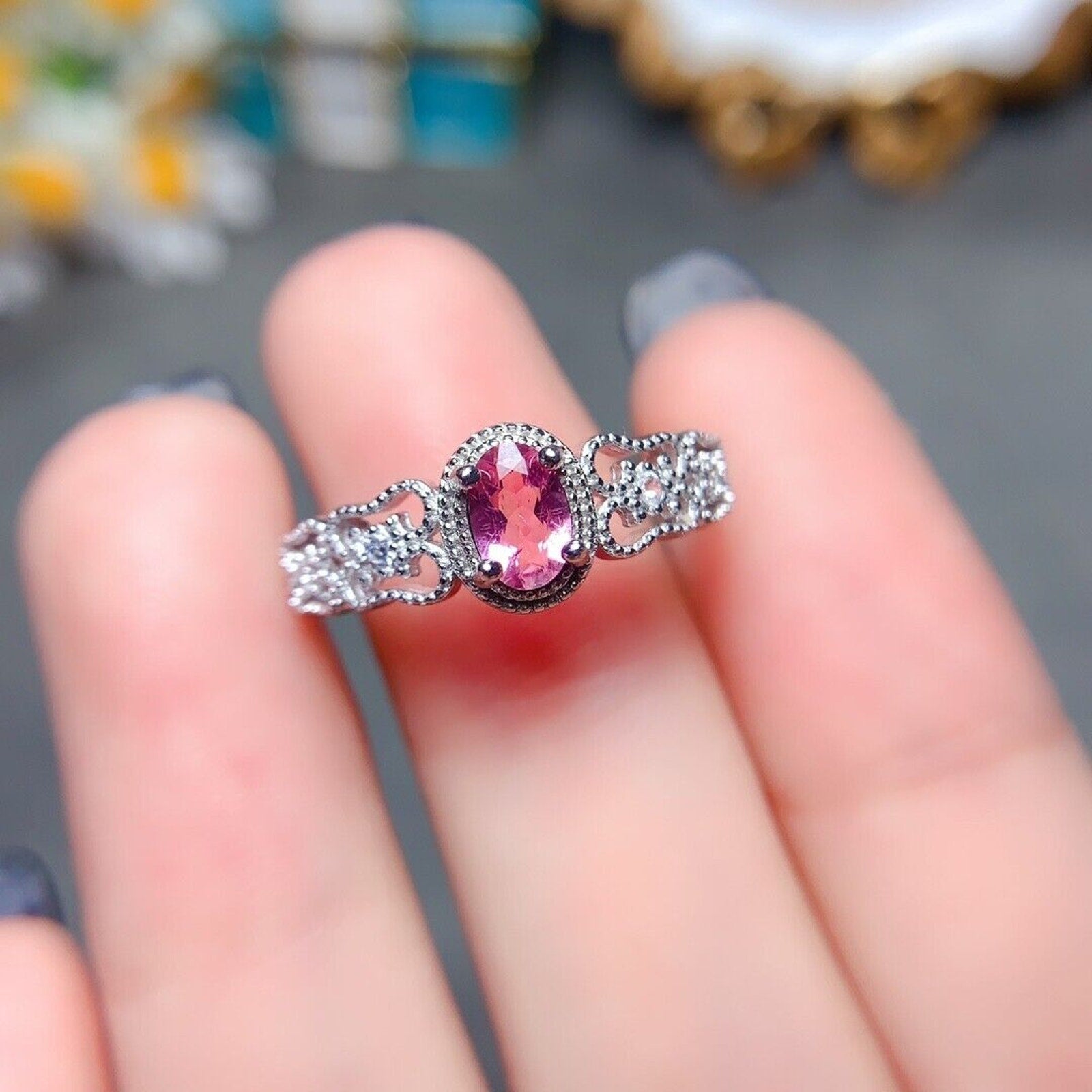 Dainty Pink Tourmaline Gemstone Ring 4x6mm Platinum Plated Silver