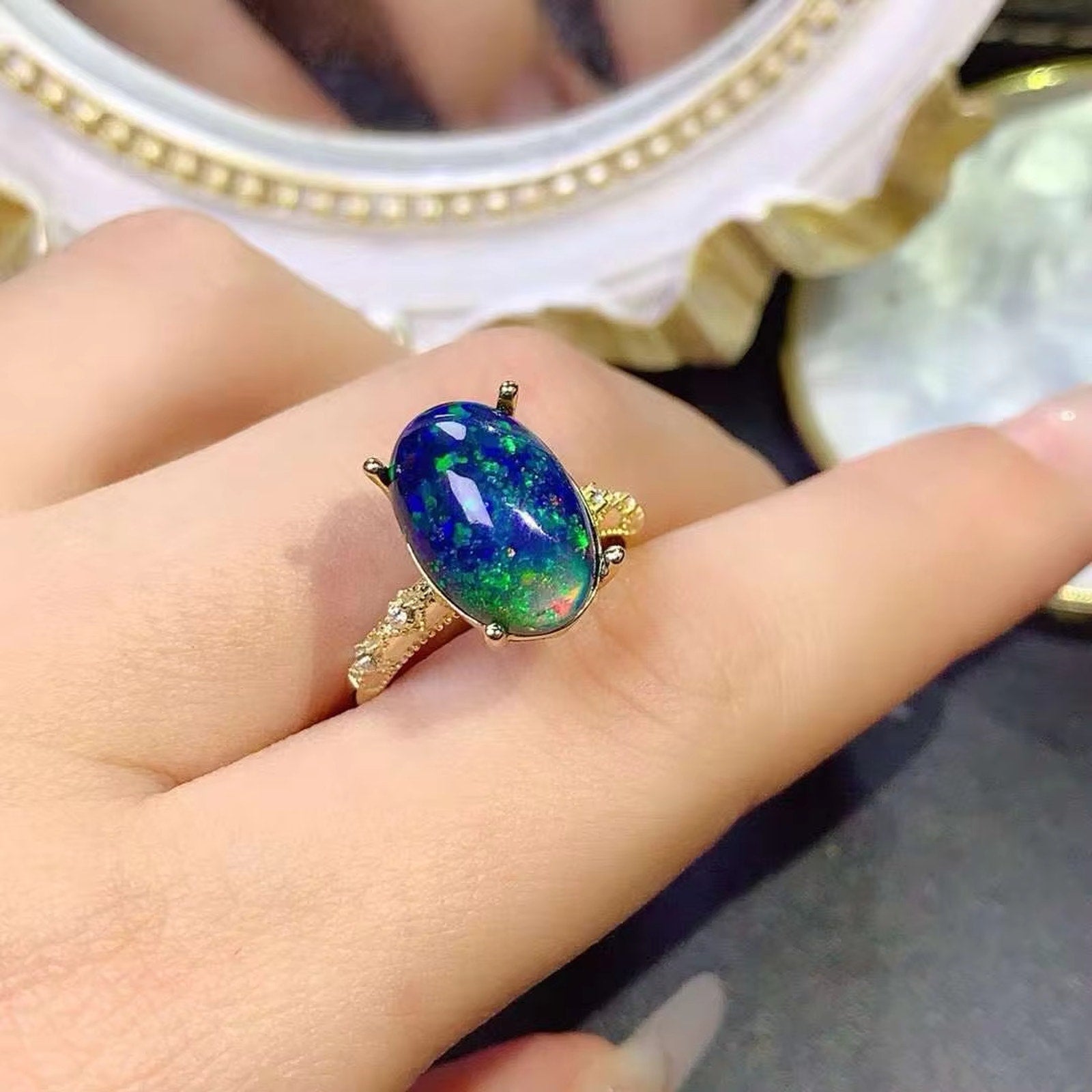 Black Opal Statement Ring, Australian Fire Opal Ring Sterling Silver 10x14mm