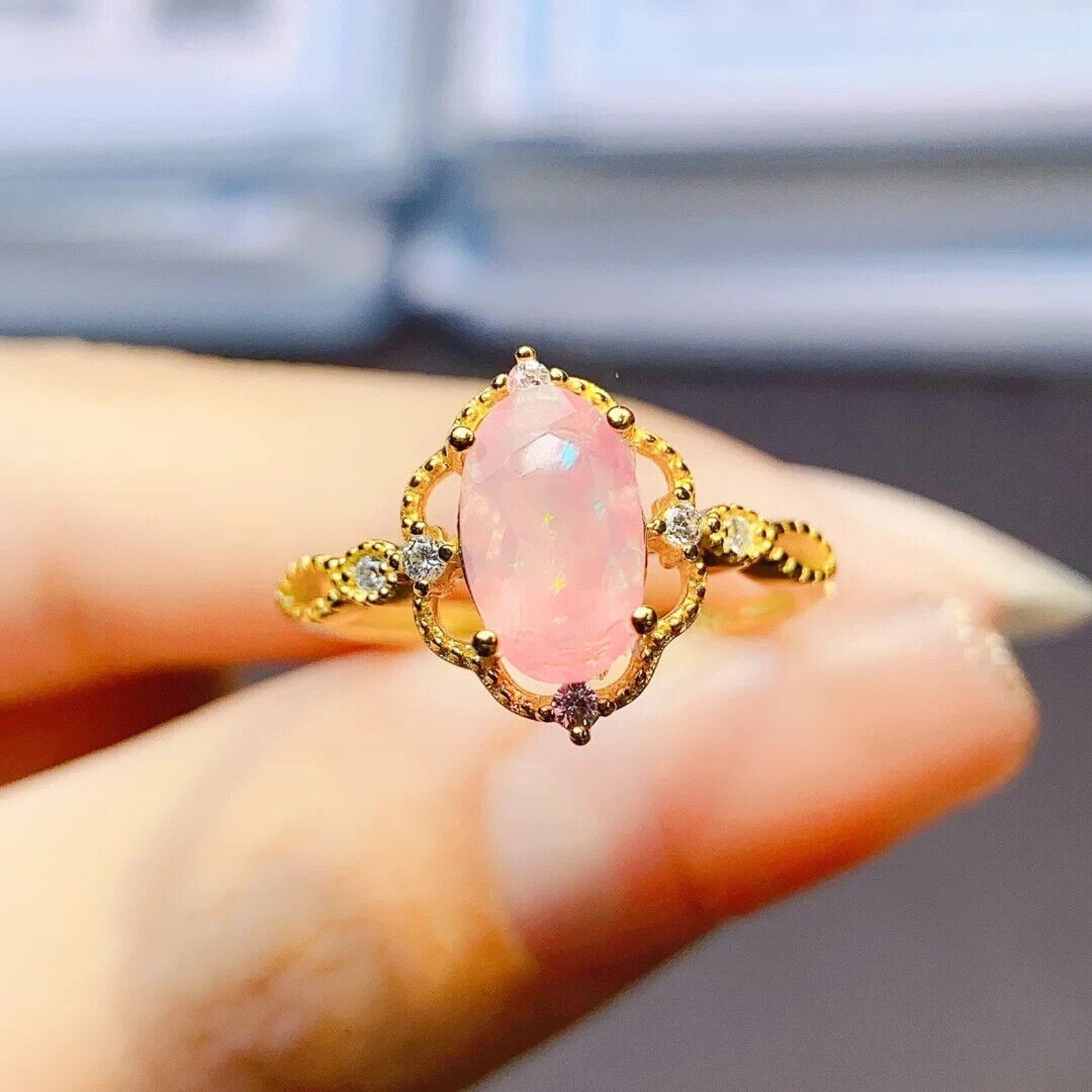 Pink Fire Opal Cluster Ring 5x9mm, Natural Pink Fire Opal Ring 925 Sterling