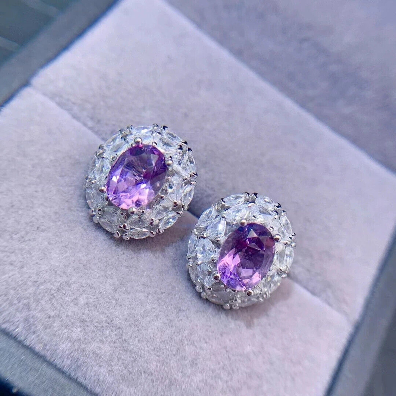 Amethyst Stud Earrings Oval Cut 6x8mm Platinum Plated, Purple Amethyst Earrings