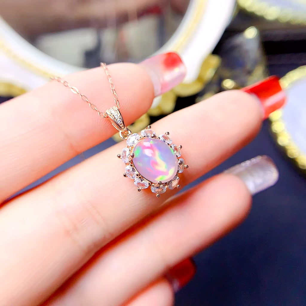 Natural Fire Opal Pendant Necklace, Women's Opal Pendant Necklace 8x10mm