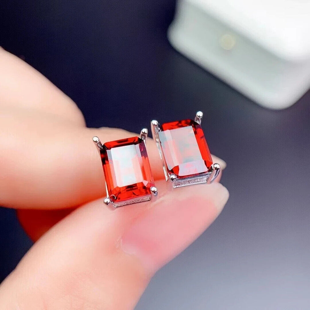 Natural Red Garnet Stud Earrings 6x8mm Platinum Plated, Red Garnet Stud Earrings