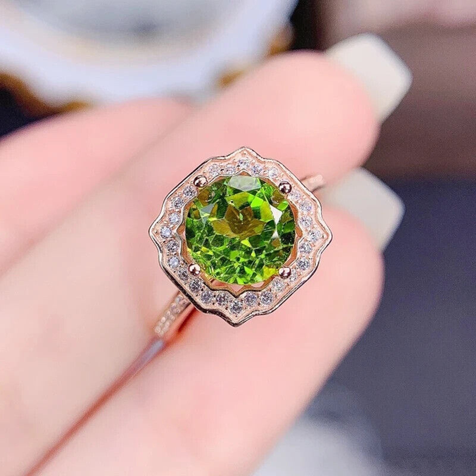 Natural Peridot Gemstone Ring 9mm 3.5CT, August Birthstone Peridot Ring Sterling