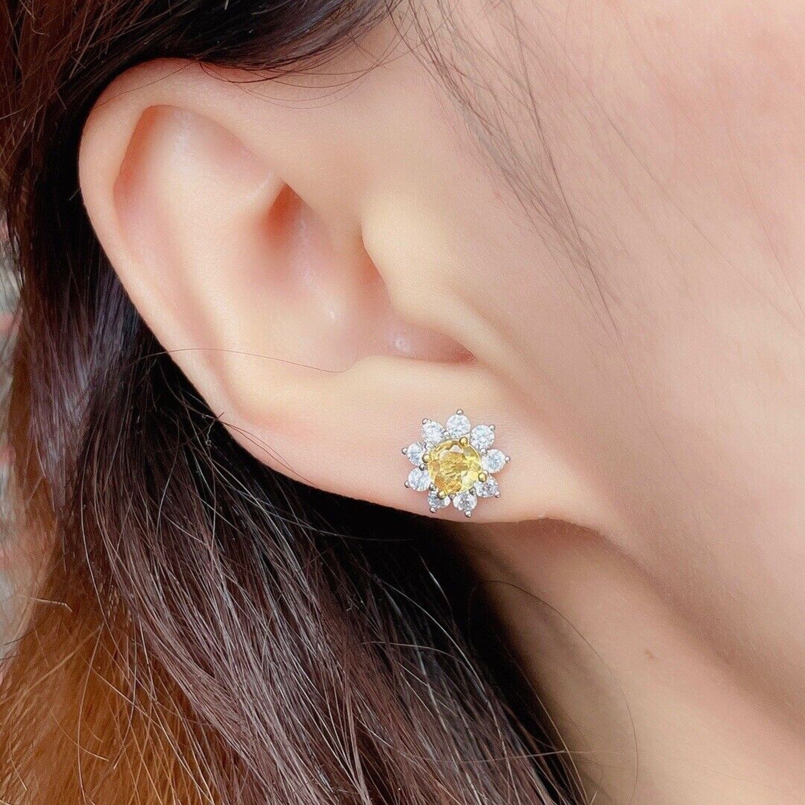 5x5mm Natural Citrine Flower Earrings, Genuine Citrine Stud Earrings Sterling