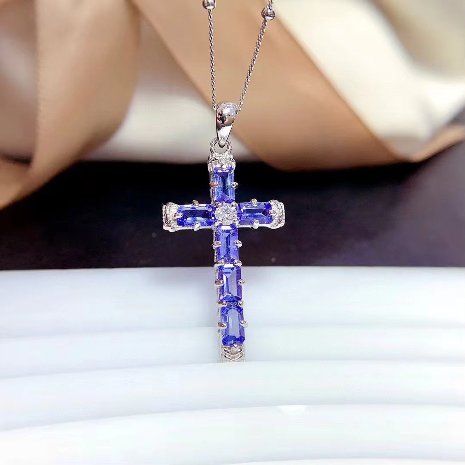 Purple Tanzanite Cross Necklace, Gemstone Cross Necklace 925 Sterling Silver