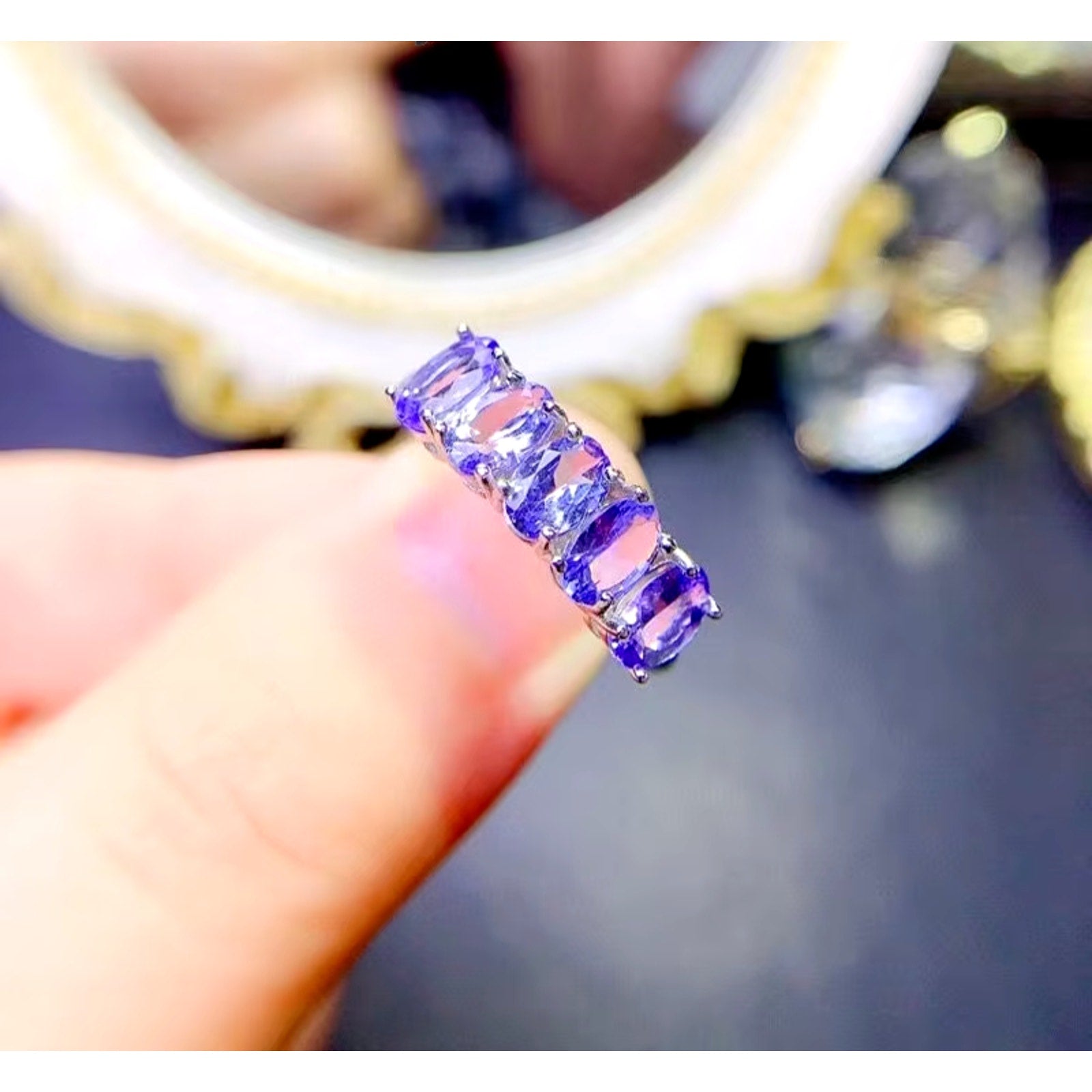 Purple Tanzanite Band Ring, Natural Tanzanite Rings For Women Sterling Silver