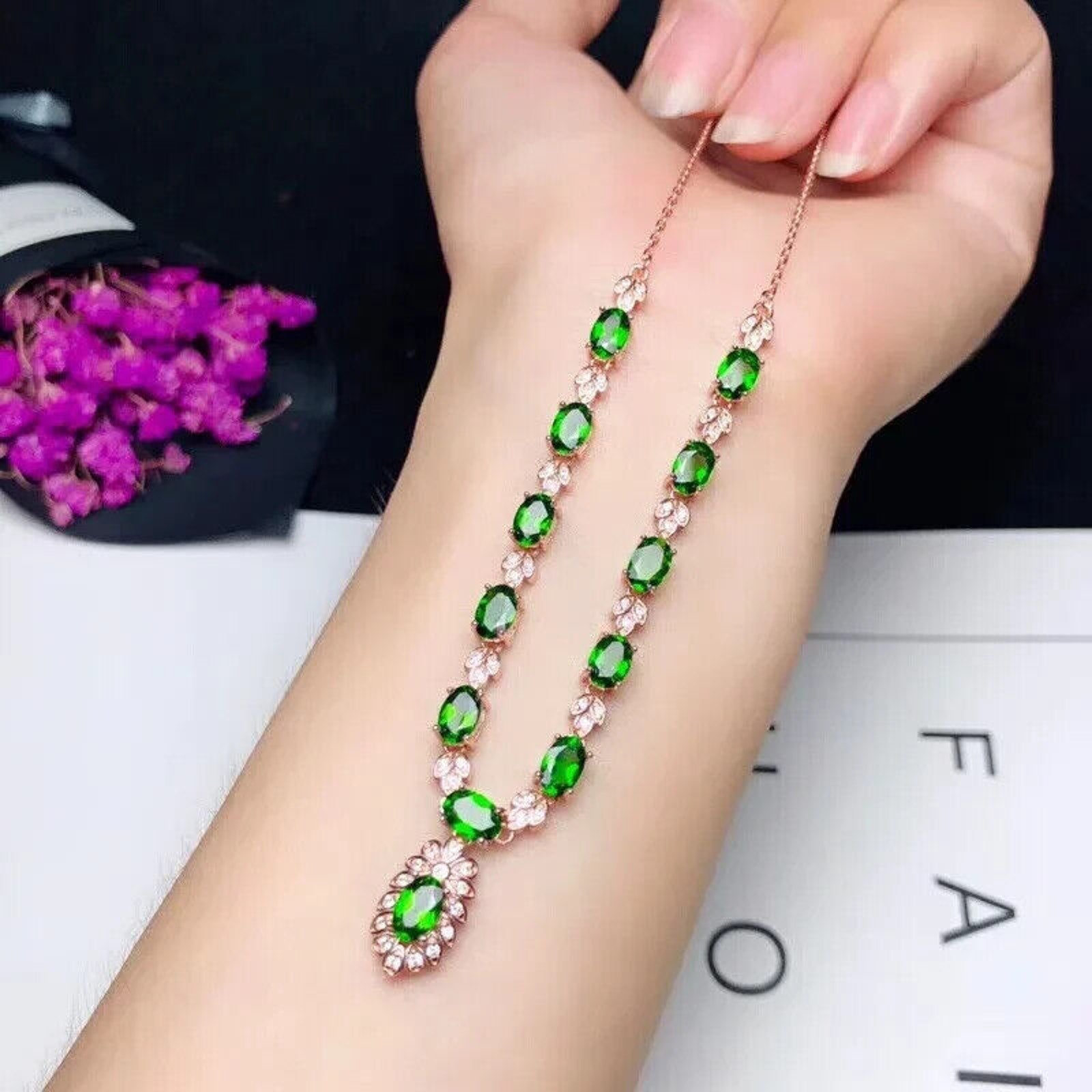 Chrome Diopside Statement Necklace, Natural Diopside Clavicle Chain Necklace