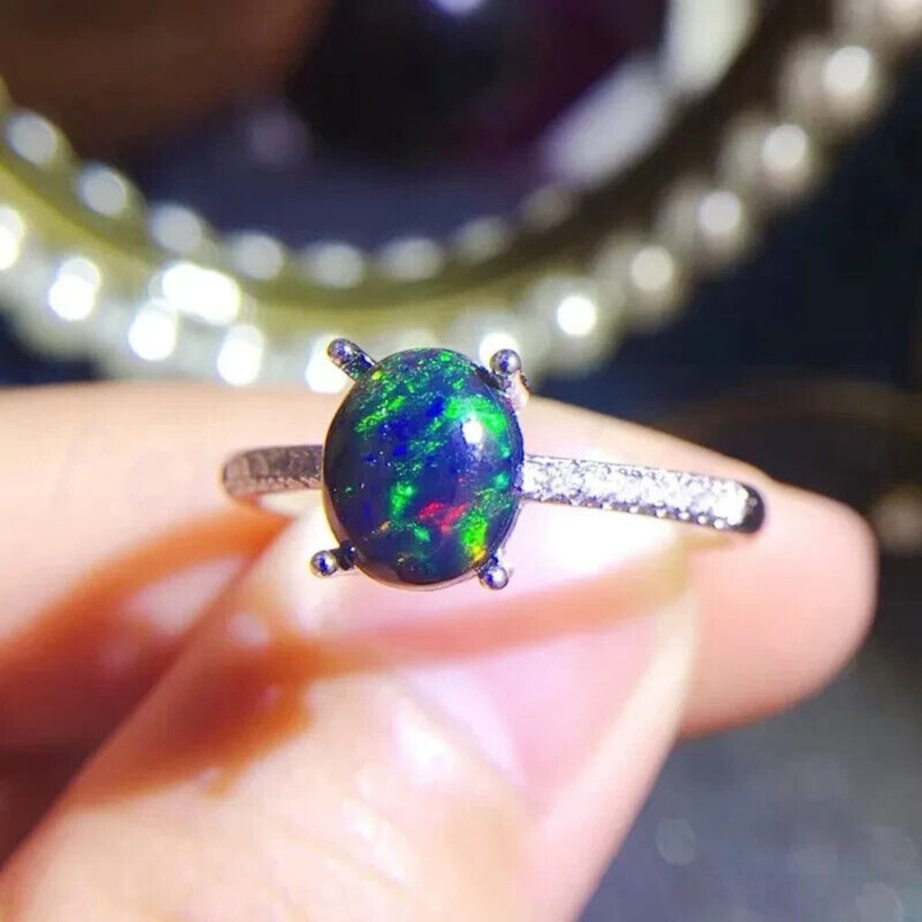 Black Fire Opal Cocktail Ring 6x8mm, Natural Fire Opal Ring 925 Sterling