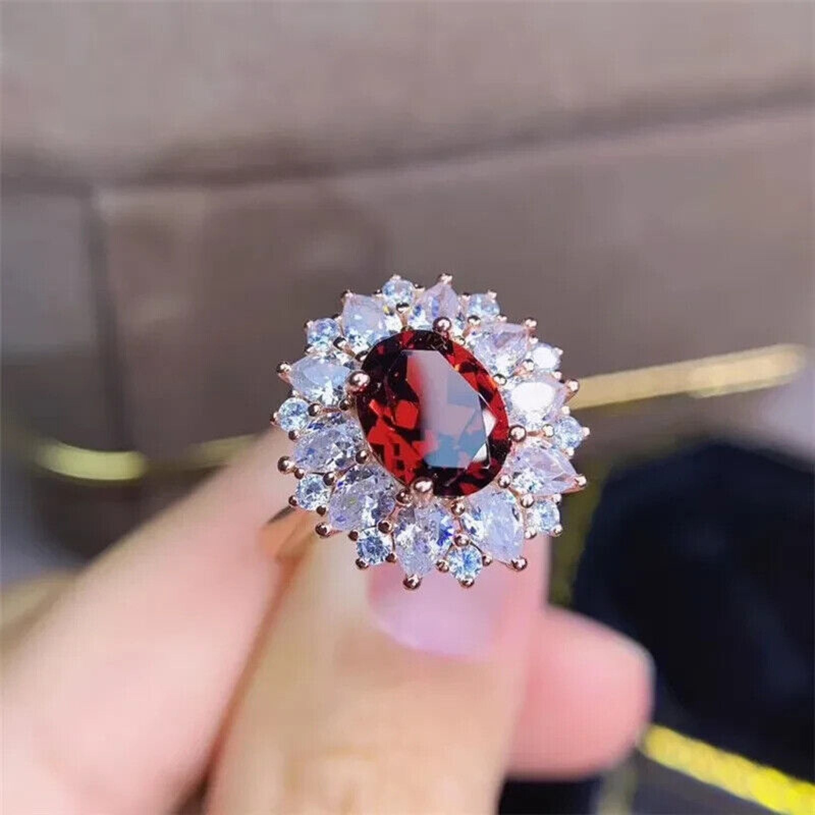 Red Garnet Cluster Statement Ring 7x9mm Platinum Pated Sterling Silver