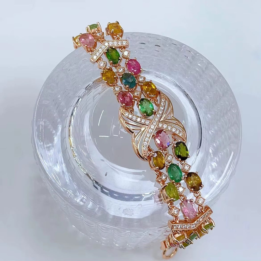 Multicolor Tourmaline Rose Gold Bracelet, Brazilian Tourmaline Tennis Bracelet