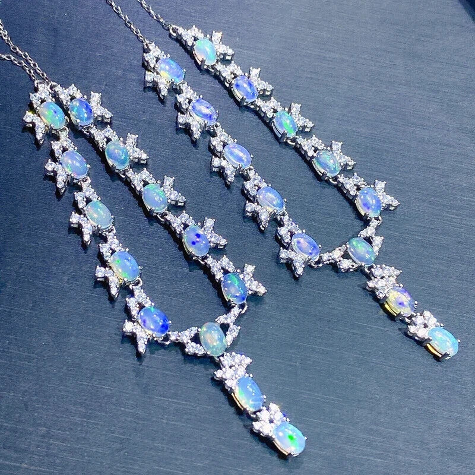 Natural Fire Opal Statement Necklace, Fire Opal Dangle Necklace 5x7mm Sterling