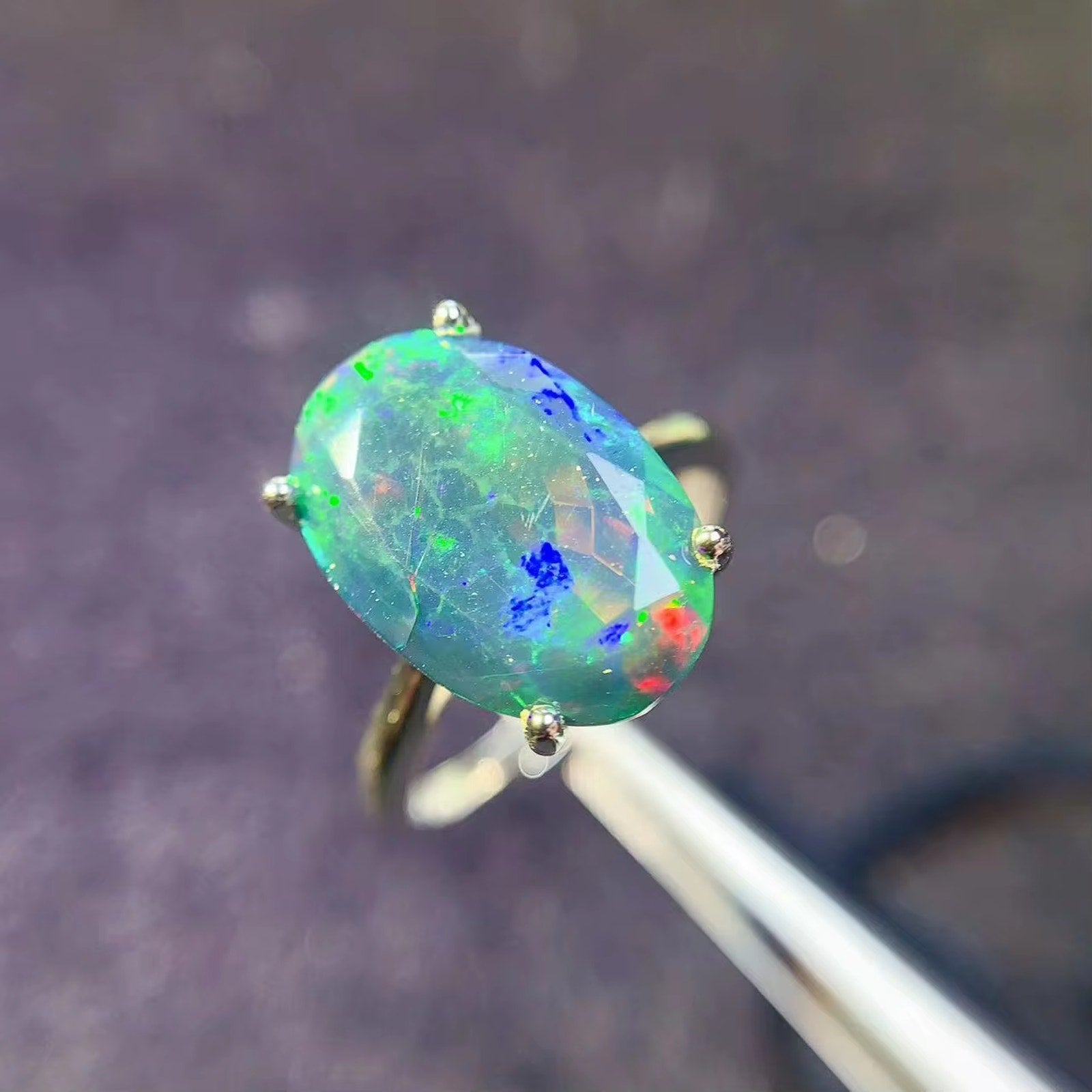 Faceted Black Opal Ring, Australian Fire Opal Statement Ring Sterling Silver