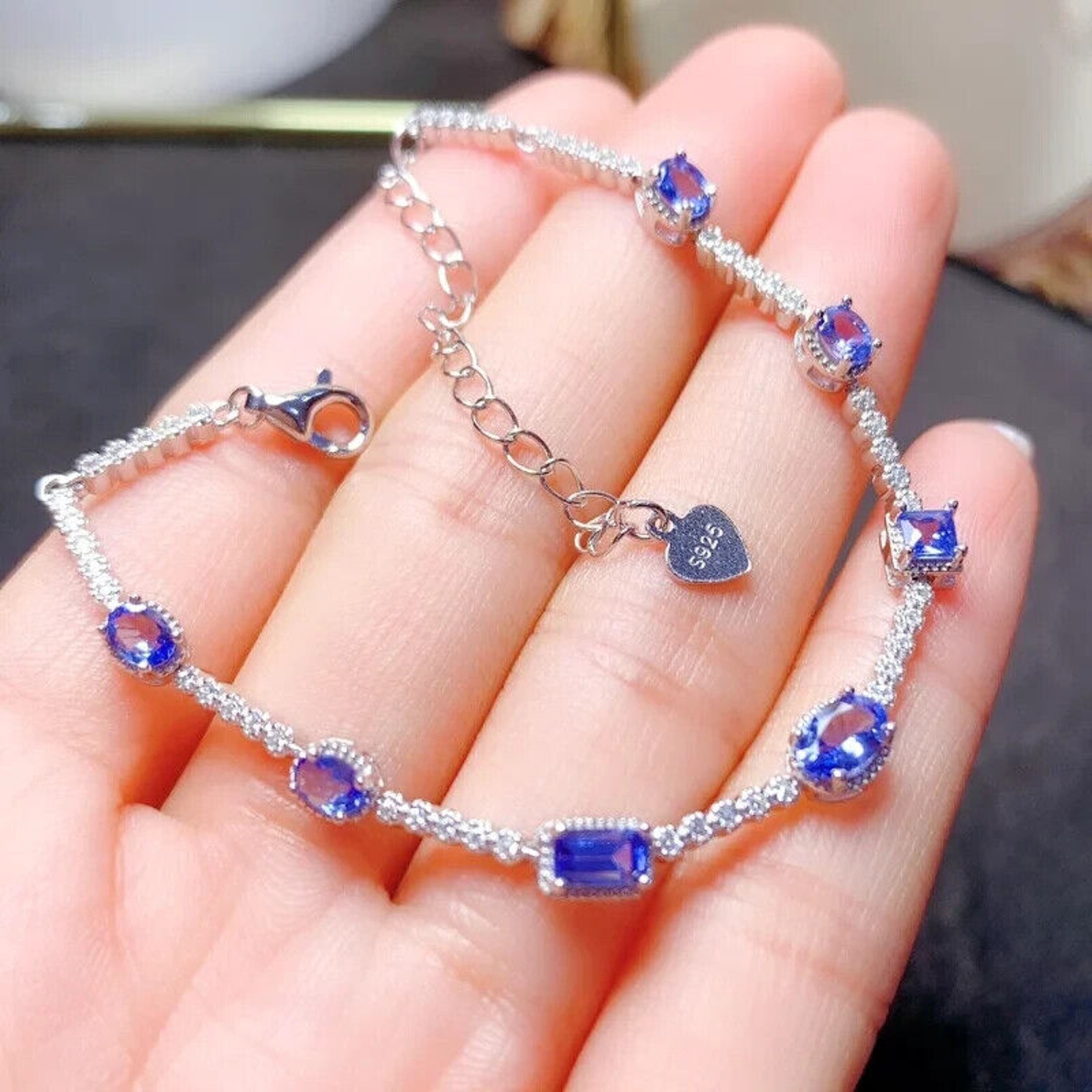 Dainty Tanzanite Tennis Bracelet, Natural Purple Tanzanite Bracelet Sterling