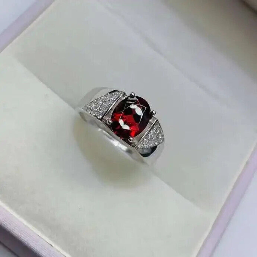 Red Garnet Mens Cocktail Ring 7x9mm Platinum Plated Sterling