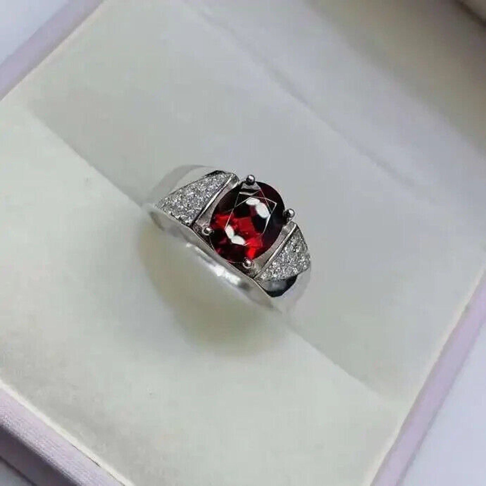 Red Garnet Mens Cocktail Ring 7x9mm Platinum Plated Sterling