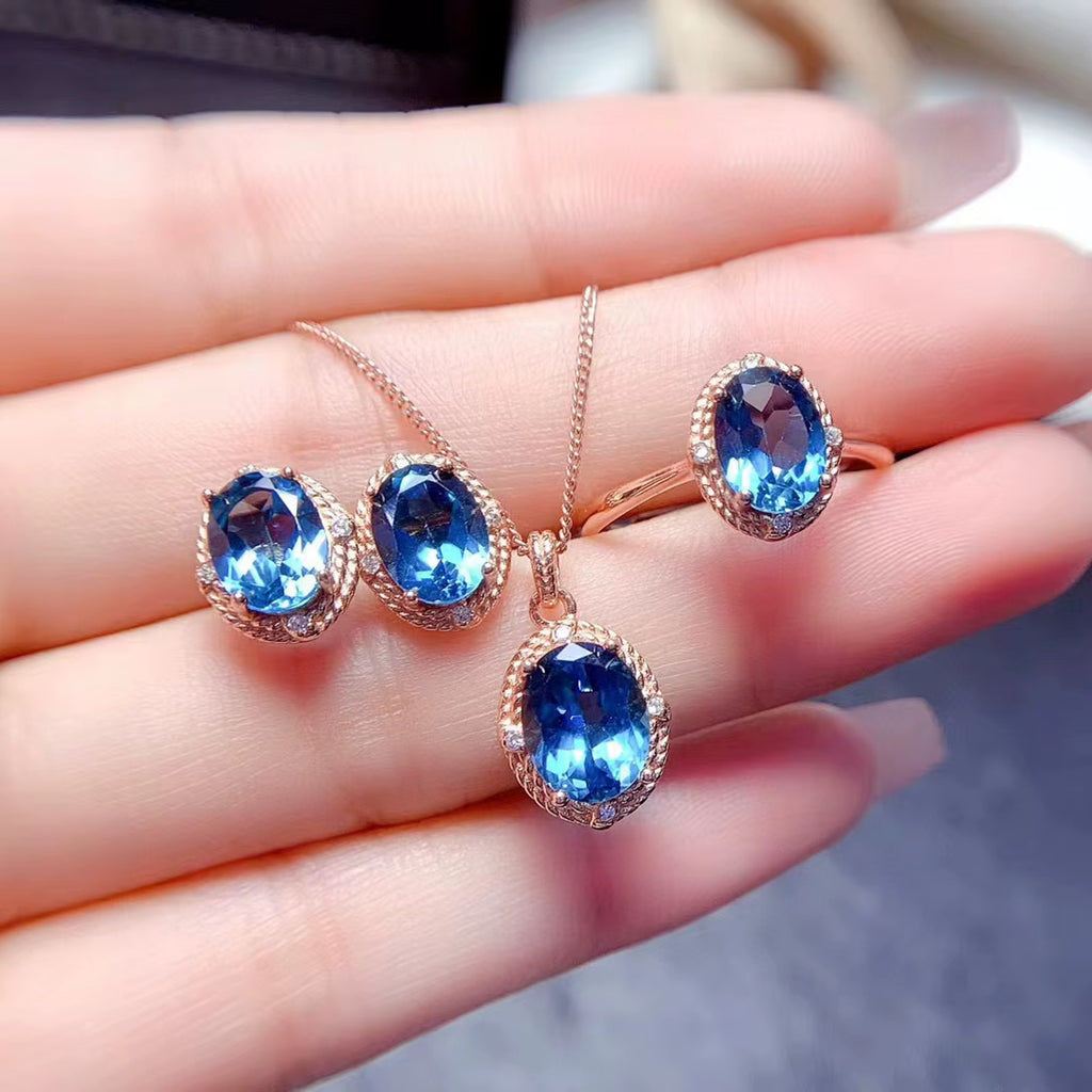 London Blue Topaz Jewelry Set 925 Sterling Silver, Natural London Blue Topaz