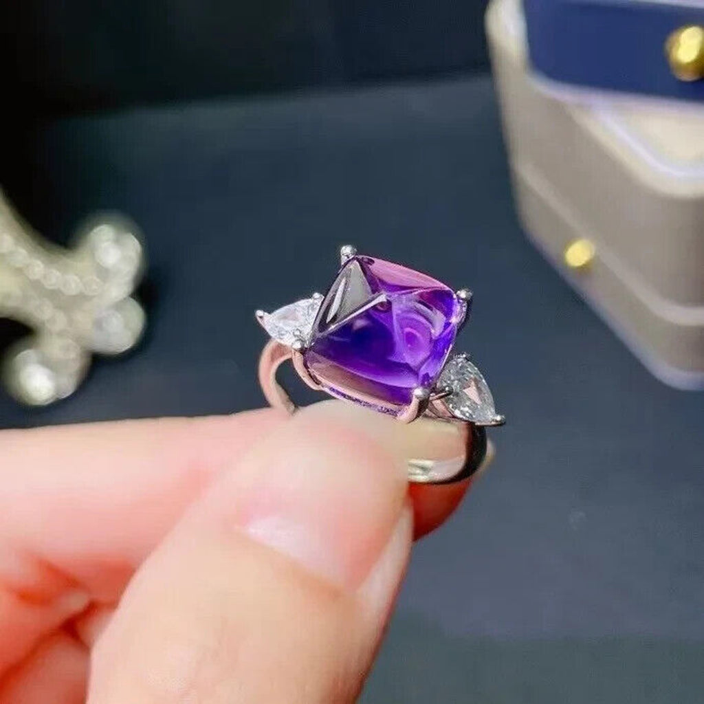 Natural Sugarloaf Cut Purple Amethyst Gemstone Ring, Amethyst Sugarloaf Ring