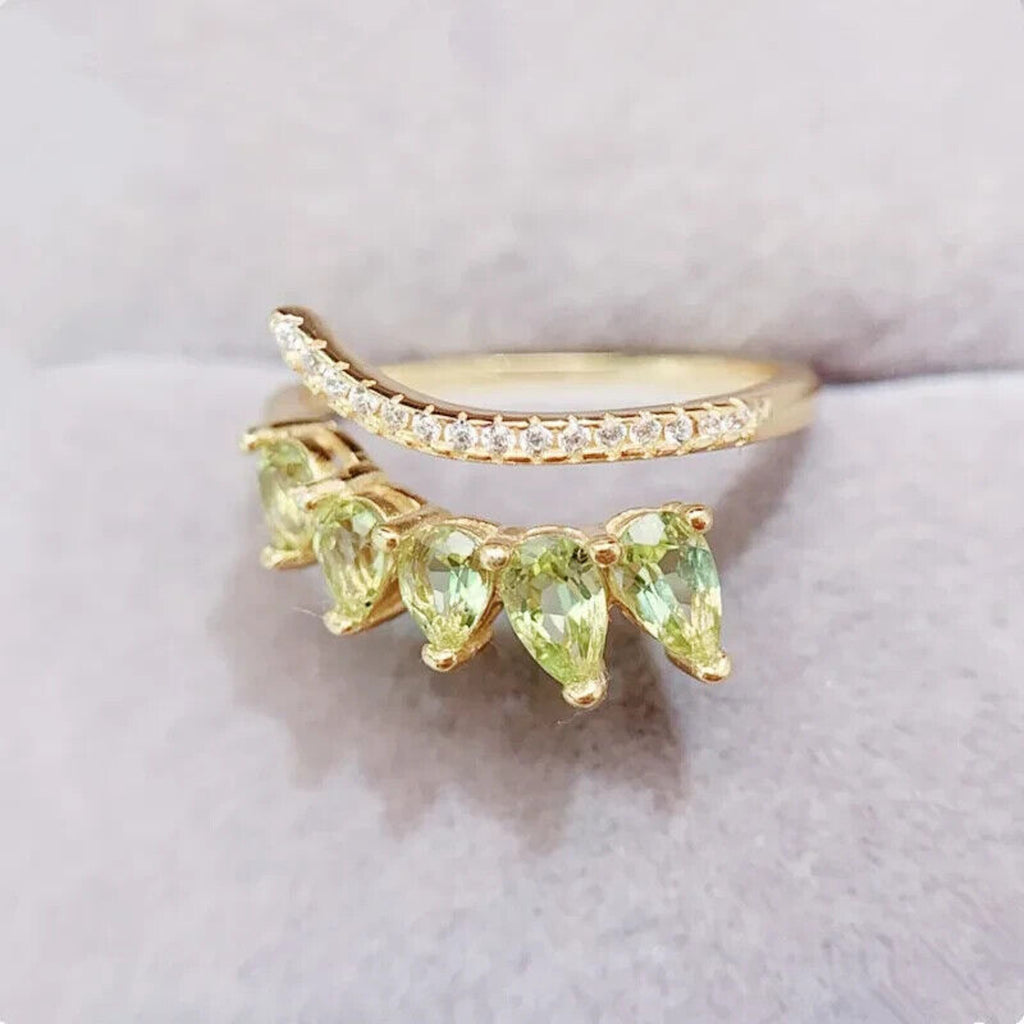 Natural Peridot Gemstone Pear Cut Band Ring, August Birthstone Peridot Ring