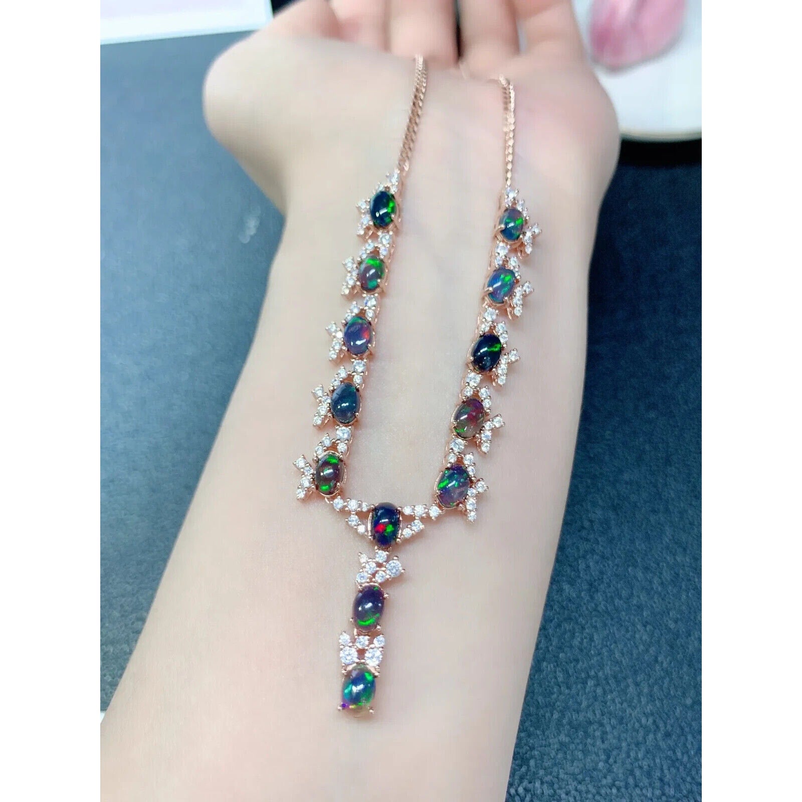 Natural Black Fire Opal Statement Necklace, Colorful Black Opal Necklace