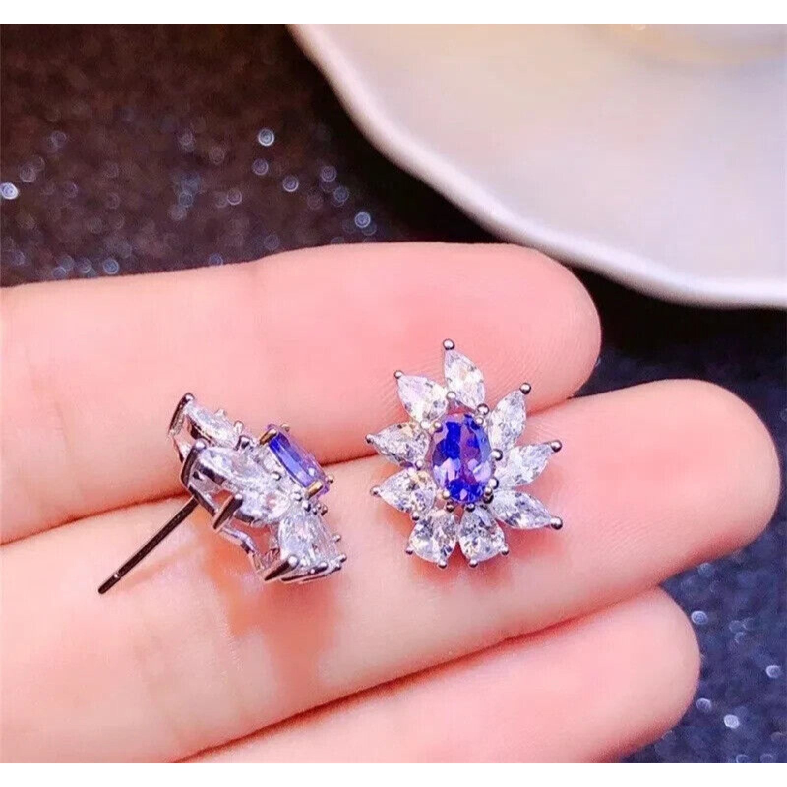 VVS1 Purple Tanzanite Cluster Stud Earrings 4x6mm, Tanzanite Stud Earrings