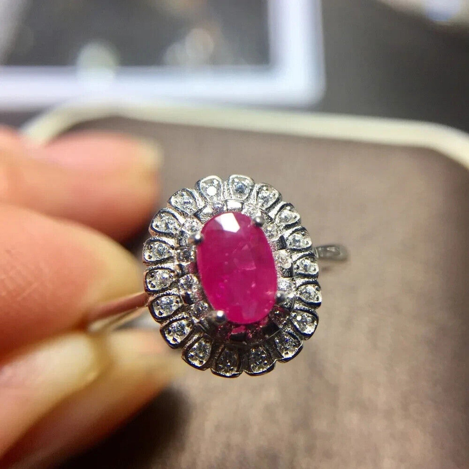 Natural Pink Ruby Ring 4x6mm, Burma Ruby Cluster Ring, Genuine Ruby Ring