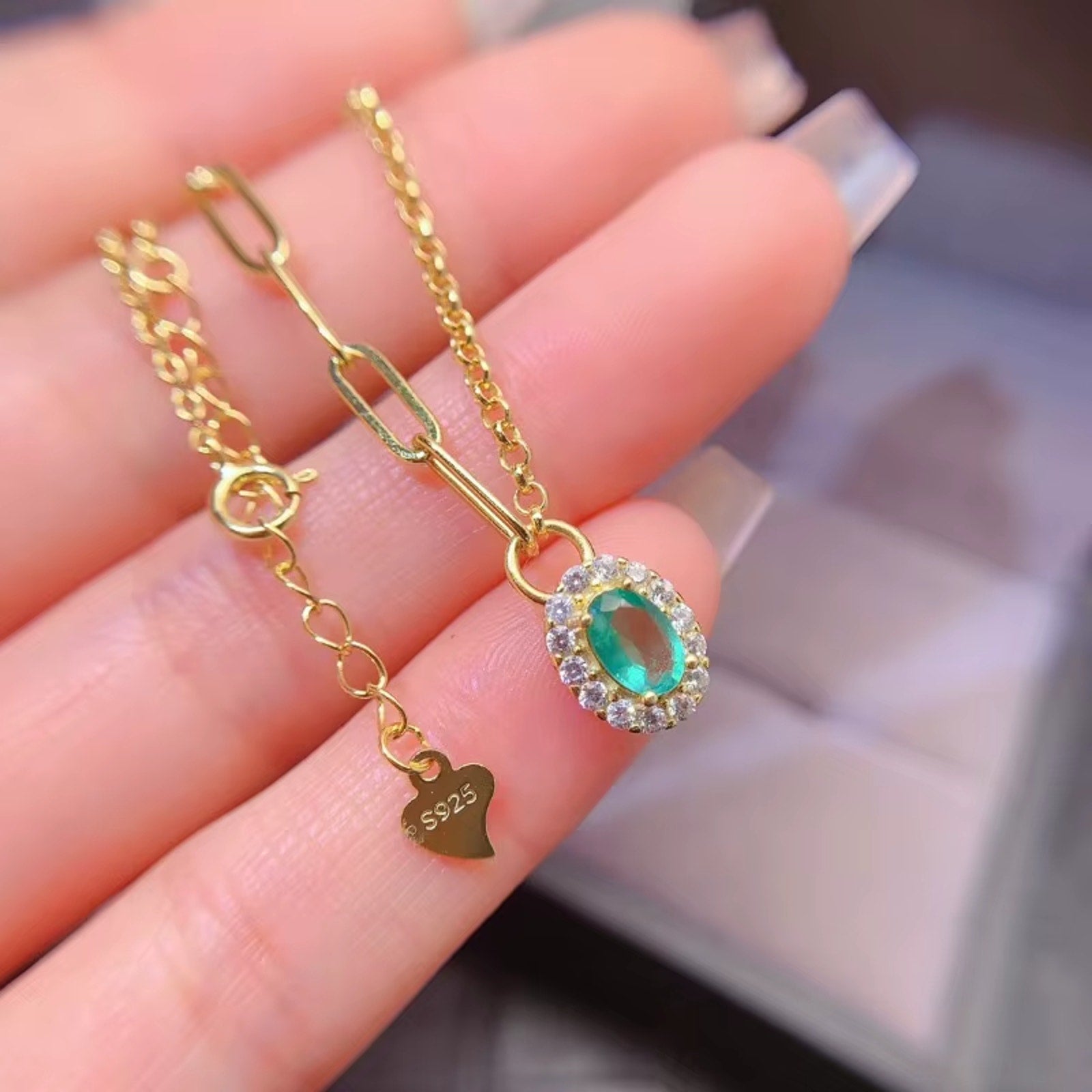 Emerald Pendant Necklace, Paperclip Chain Necklace with 4x6mm Emerald