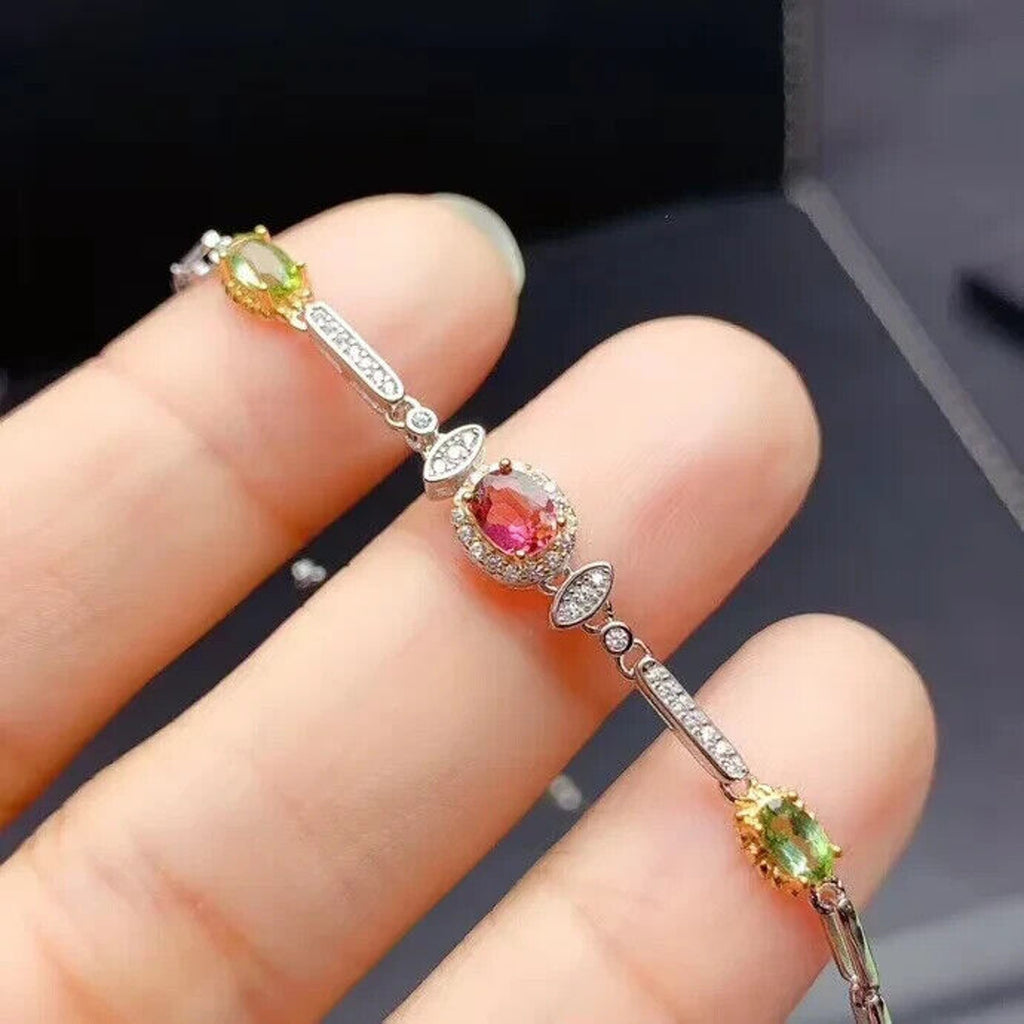 Natural Tourmaline Gemstone Paperclip Chain Bracelet, Pink and Green Tourmaline