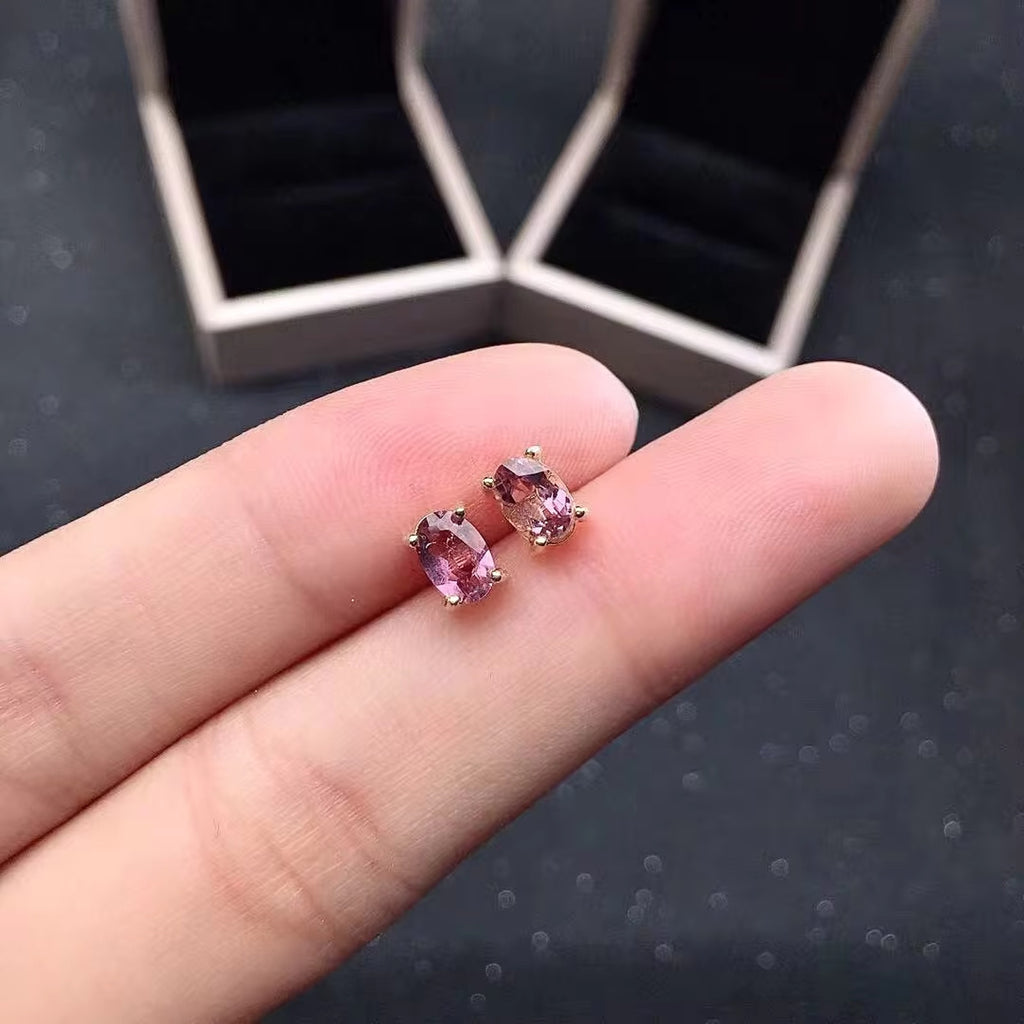 Pink Tourmaline Stud Earrings, Dainty Pink Tourmaline Earrings 4x6mm Silver