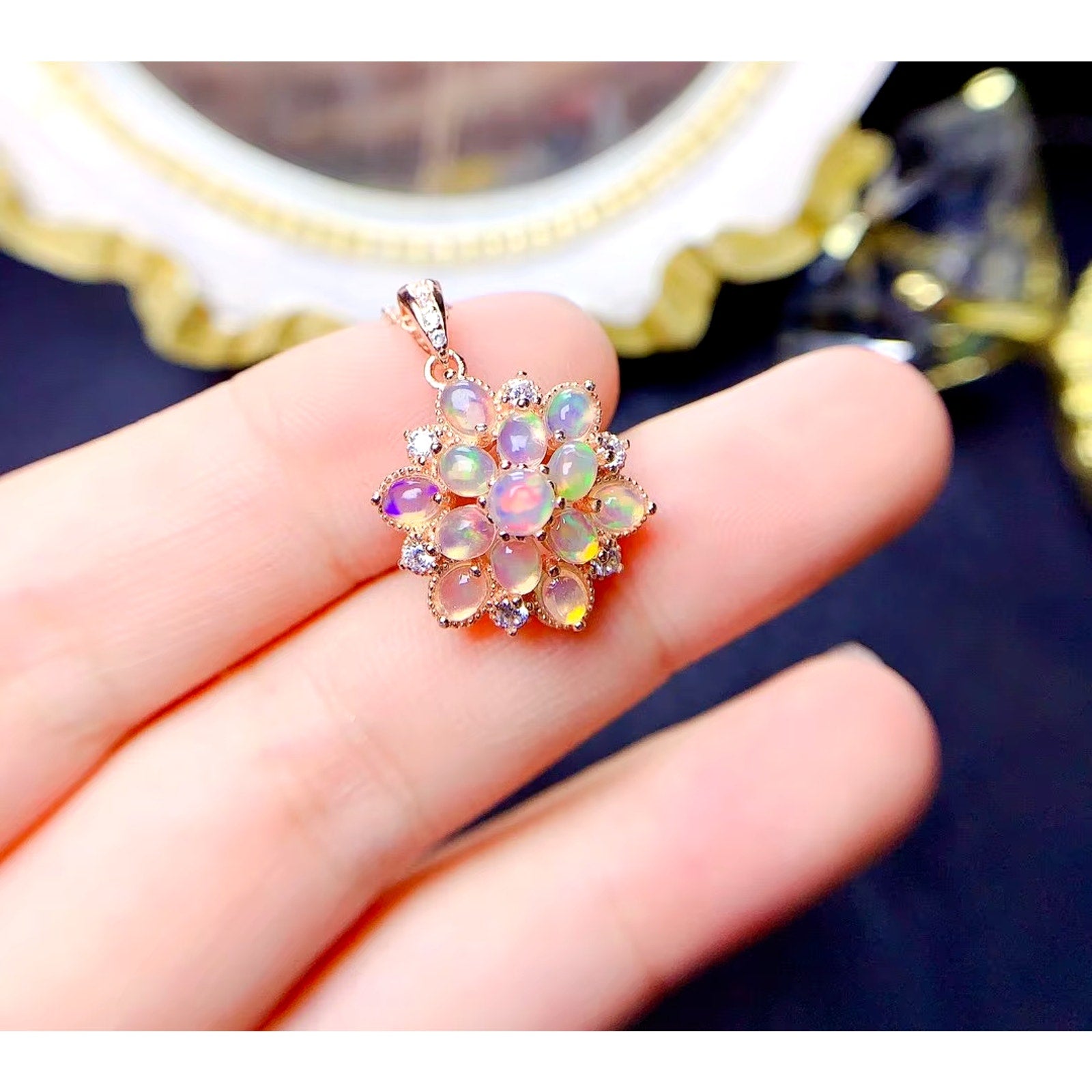 Natural Fire Opal Cluster Pendant Necklace, Women's Opal Pendant Necklace