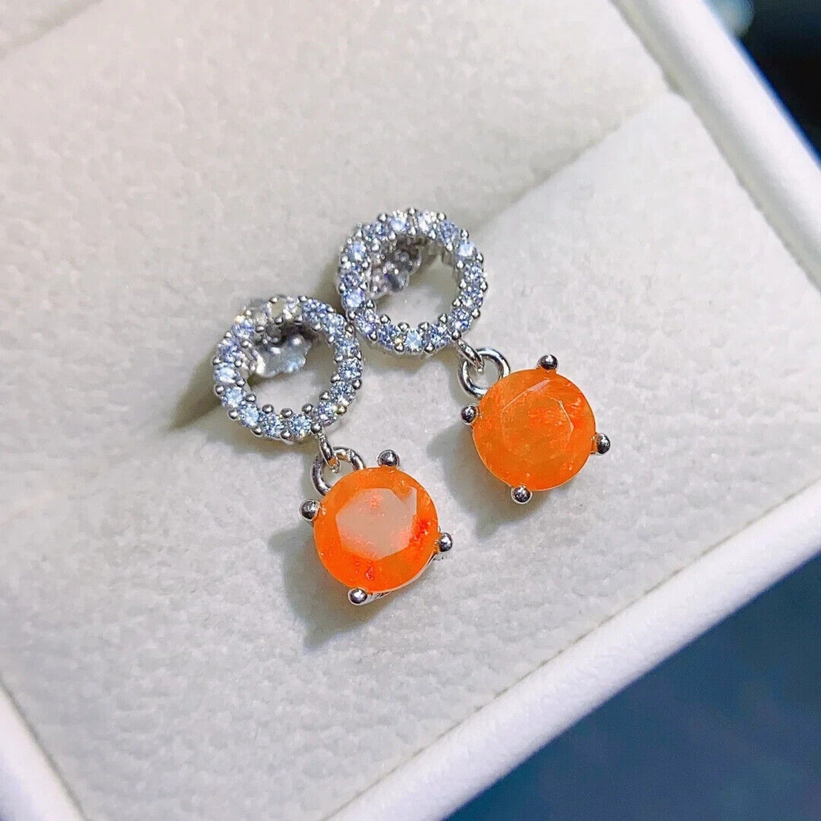 Orange Fire Opal Dangle Earrings 6mm, Natural Orange Fire Opal Earrings