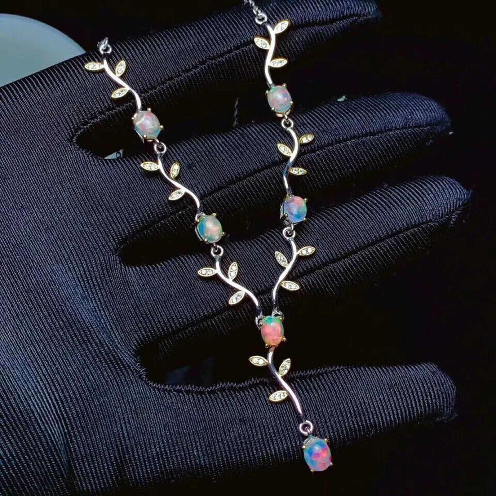 Fire Opal Leaf Dangle Necklace, Dainty Fire Opal Leaflet Dangle Necklace