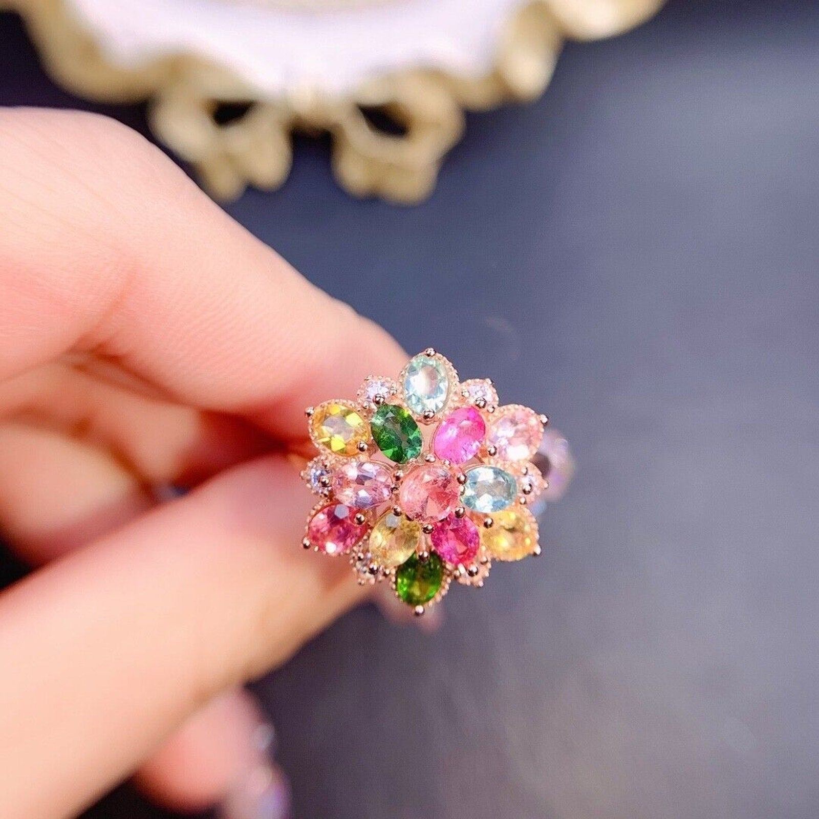 Large Tourmaline Gemstone Cluster Ring, Natural Tourmaline Flower Ring