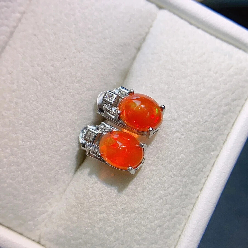 Orange Fire Opal Stud Earrings 6x8mm, Natural Orange Fire Opal Earrings