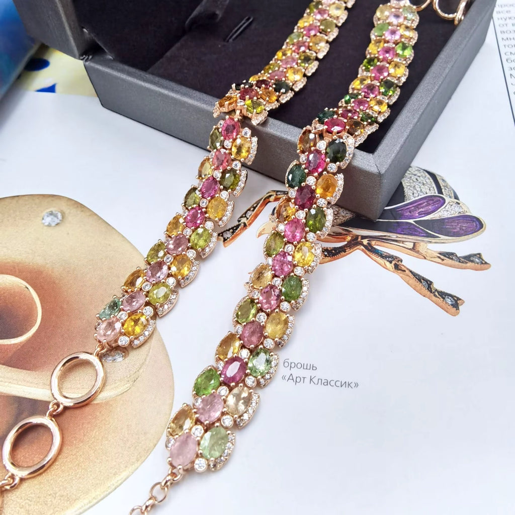 Natural Tourmaline Tennis Bracelet, Multilayer Tourmaline Bracelet Sterling