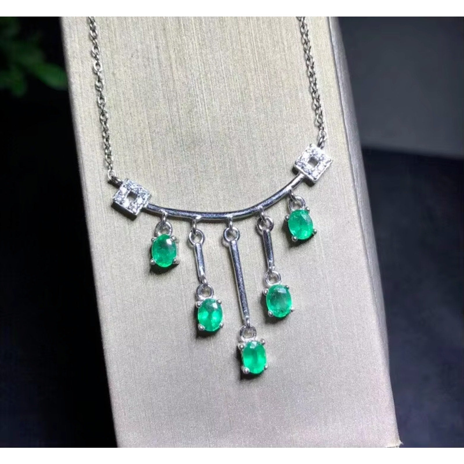 Dainty Emerald Charm Necklace, Natural Emerald Necklace Sterling Silver 3x4mm
