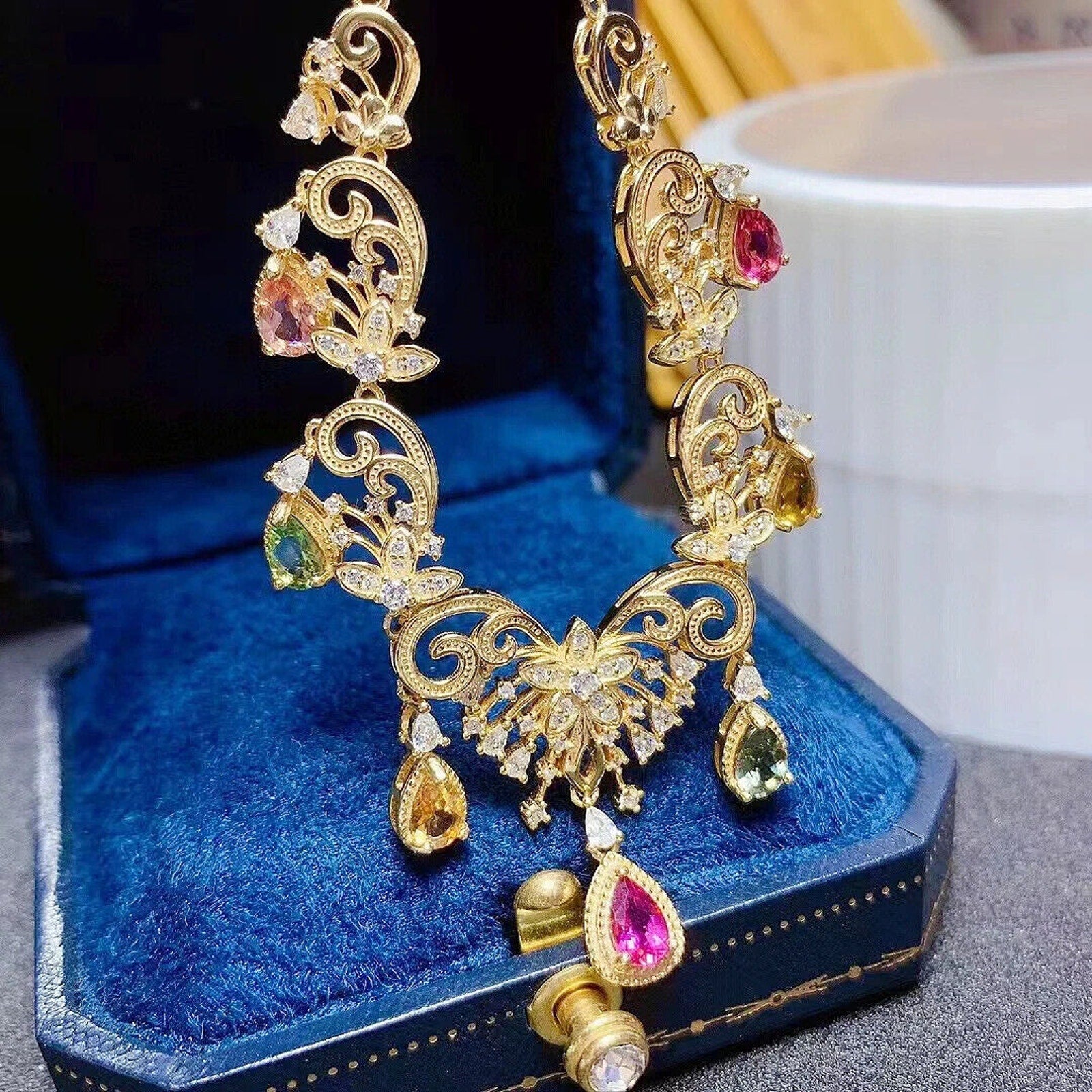 Natural Tourmaline Statement Necklace, Brazilian Tourmaline Necklace Sterling