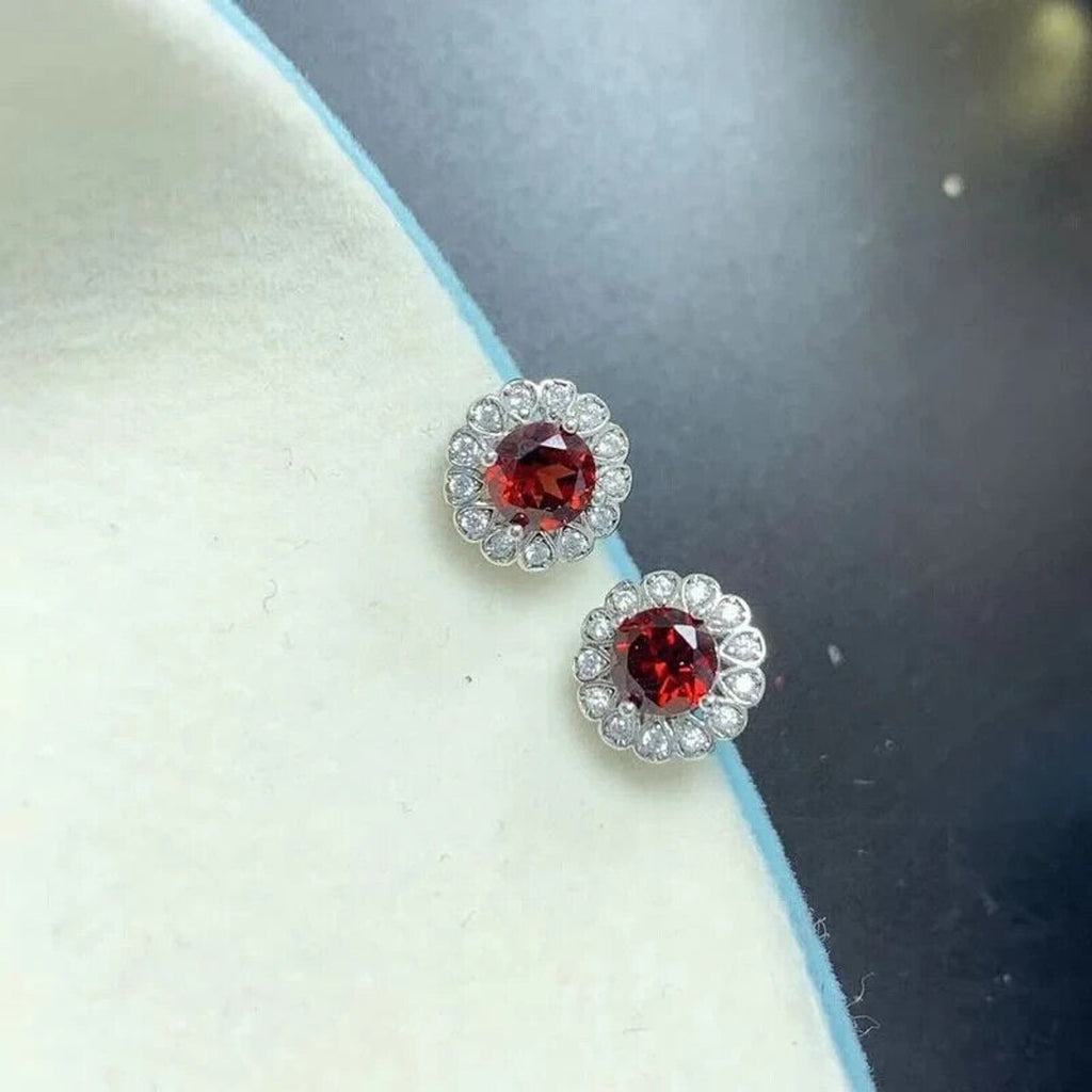 Round Garnet Cluster Earrings Round 5mm Platinum Plated