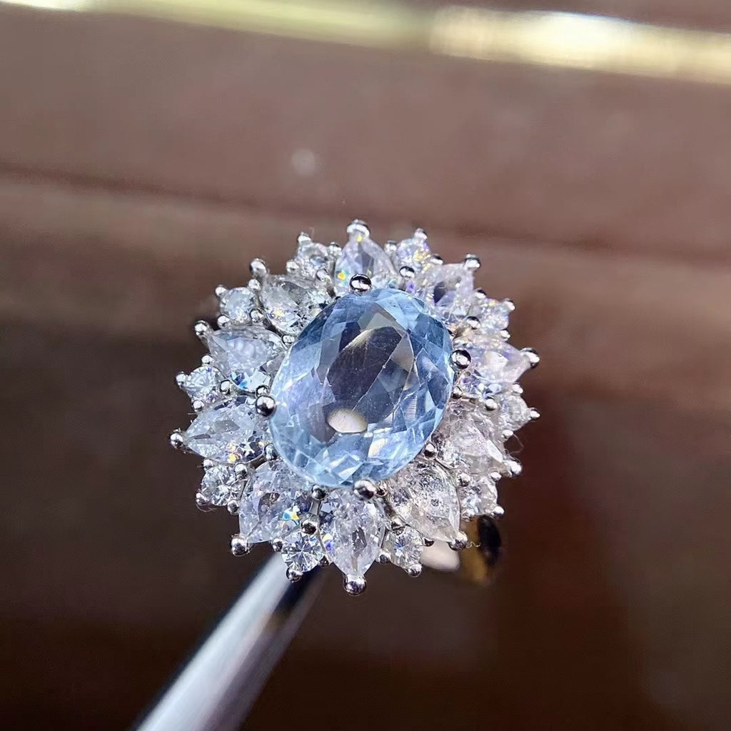 Natural Aquamarine Gemstone Ring 7x9mm, March Birthstone Aquamarine Ring