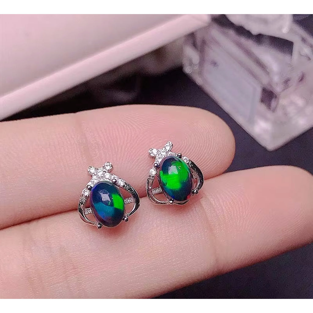 Black Fire Opal Stud Earrings Colorful Black Fire Opal Earrings Sterling Silver