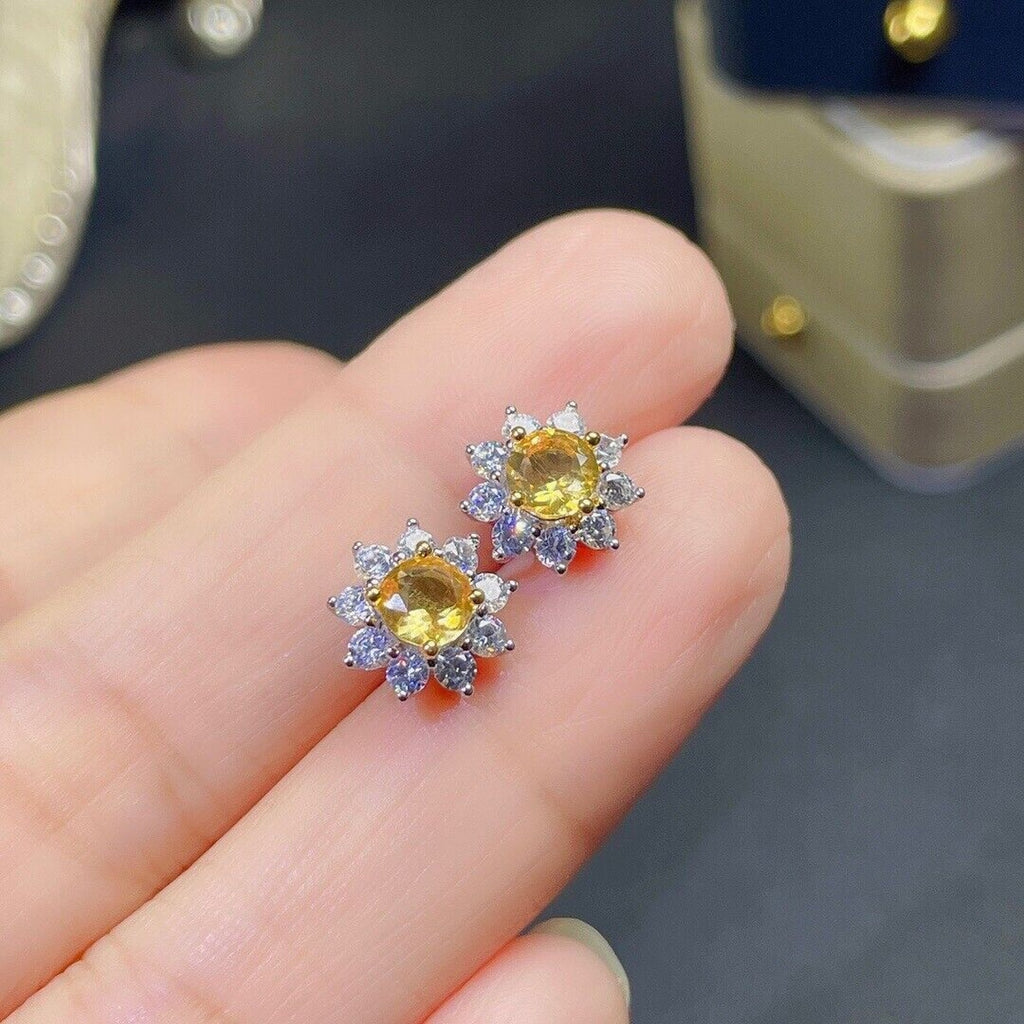 5x5mm Natural Citrine Flower Earrings, Genuine Citrine Stud Earrings Sterling
