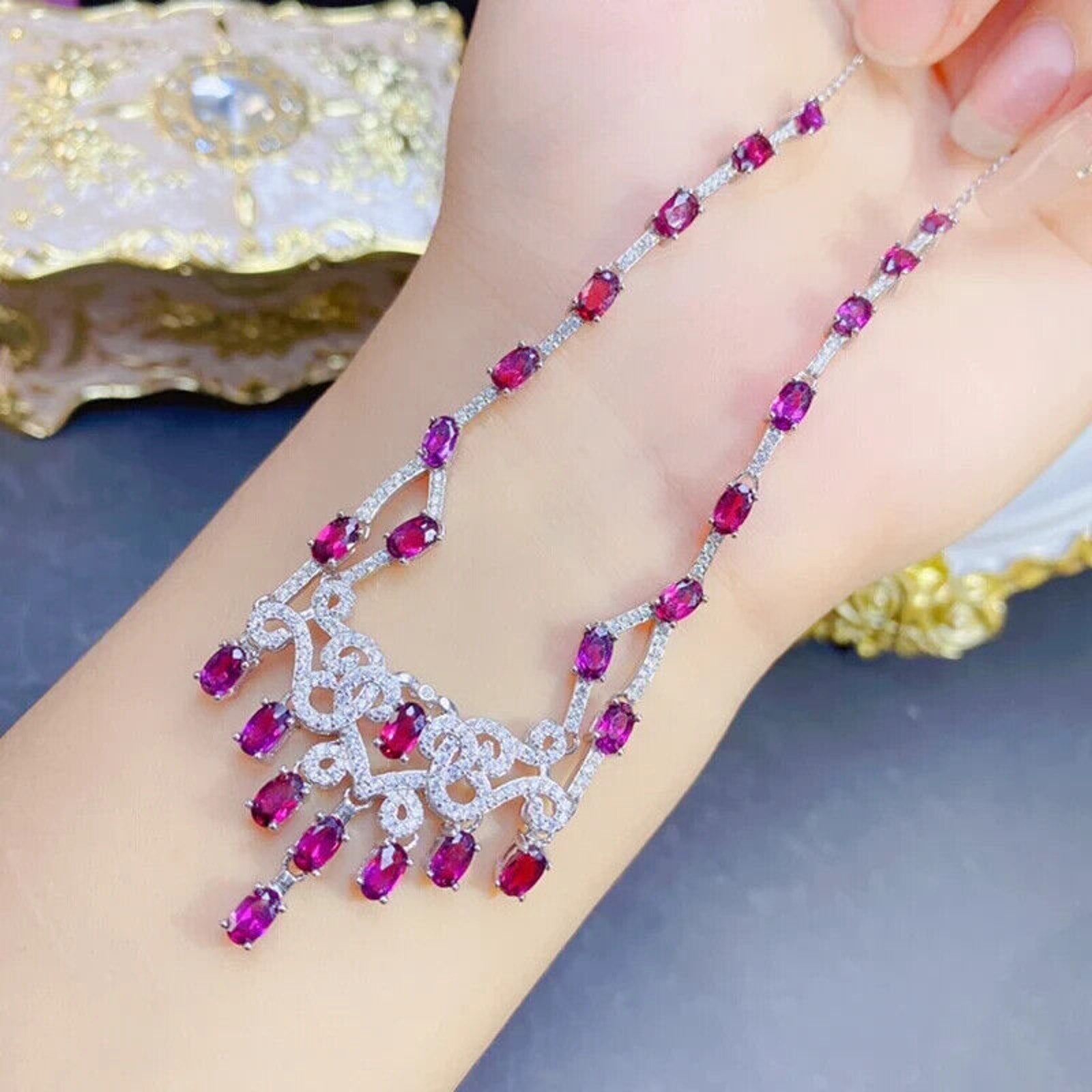 Pink Garnet Statement Necklace, Natural Garnet Gemstone Necklace 925 Sterling