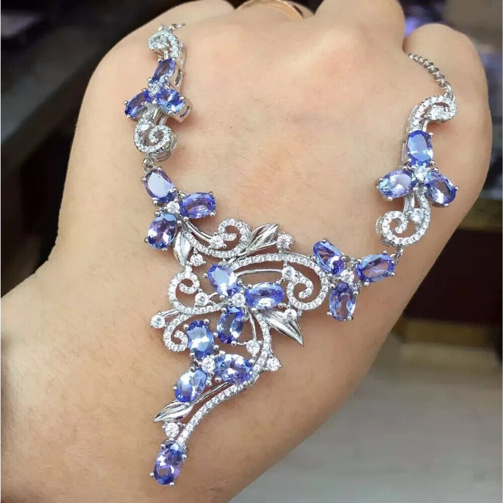 Natural Purple Tanzanite Statement Necklace 925 Sterling Silver Purple Tanzanite
