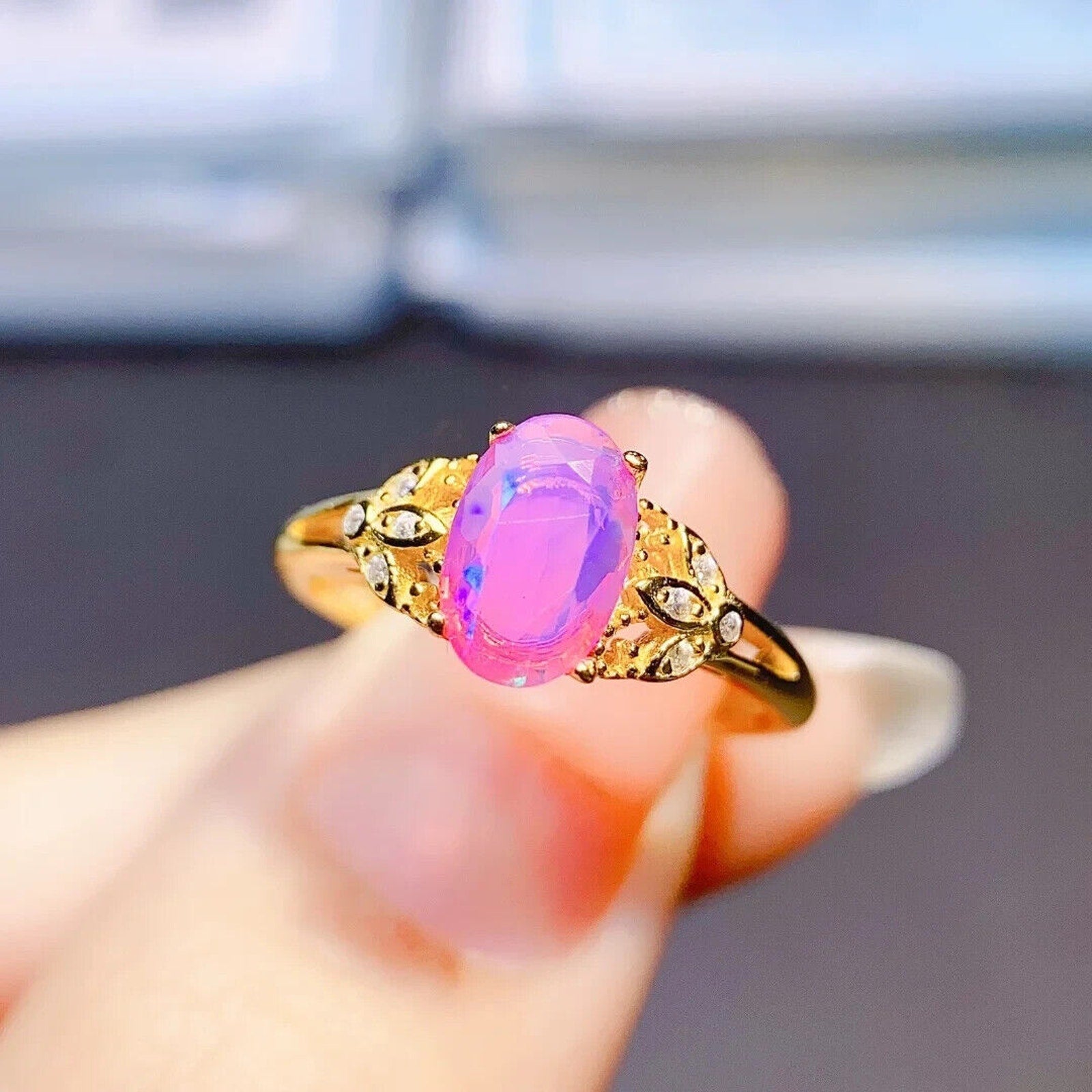 Pink Fire Opal Cluster Ring 5x8mm, Sterling Silver Natural Pink Fire Opal Ring