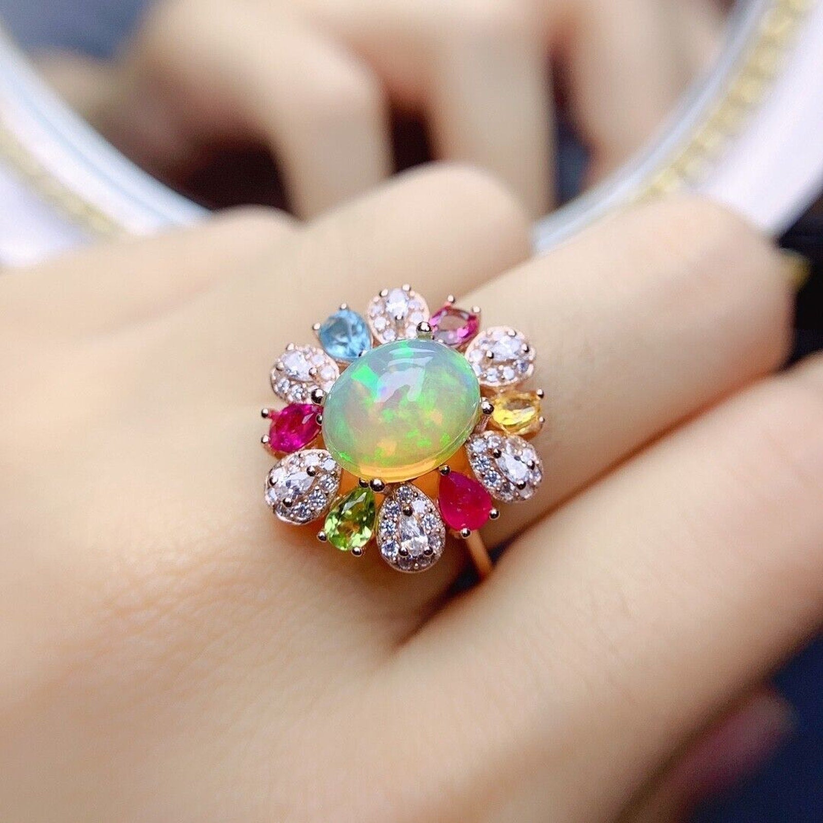 Multi Gemstone Opal Statement Ring, Ruby Sapphire Peridot Topaz and Opal Ring