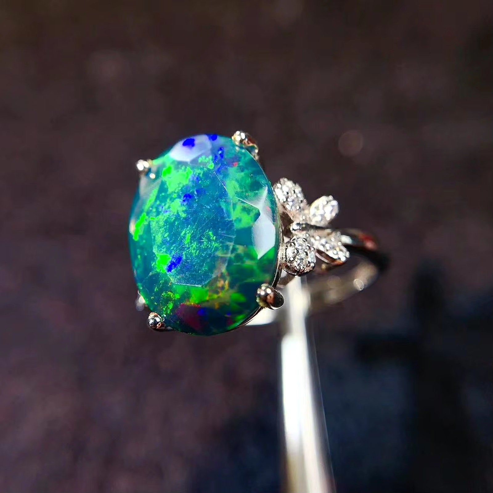 Black Fire Opal Statement Ring, Australian Fire Opal Ring Sterling Silver