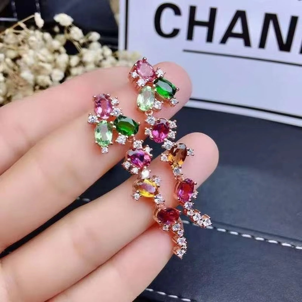 Natural Tourmaline Earrings, Multicolor Brazilian Tourmaline Gemstone Earrings