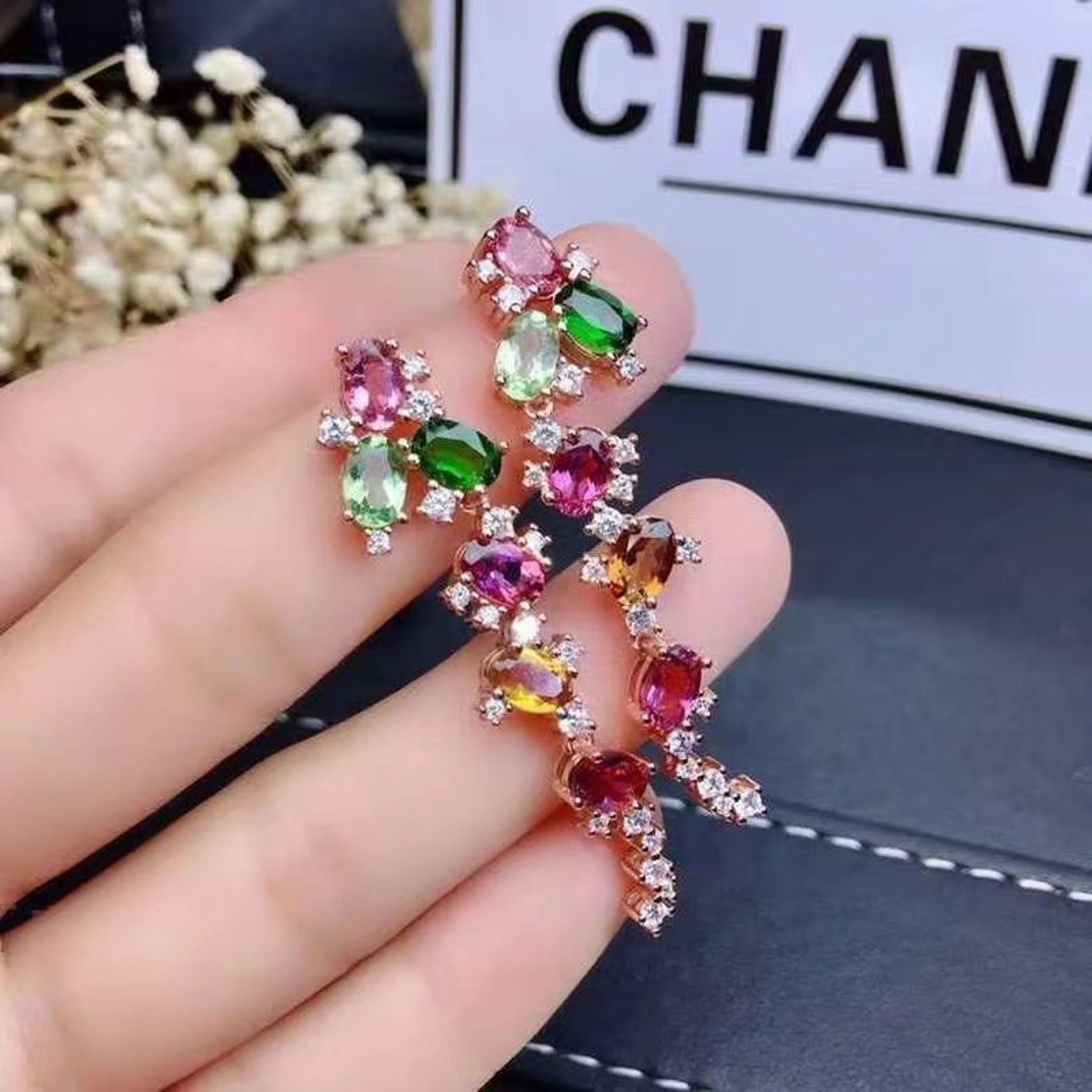 Natural Tourmaline Earrings, Multicolor Brazilian Tourmaline Gemstone Earrings