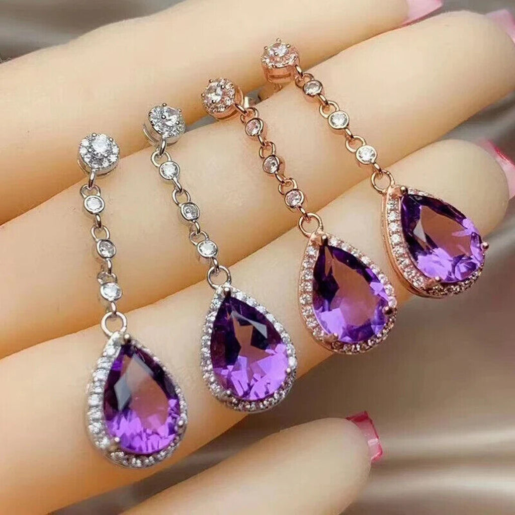 Amethyst Pear Cut Dangle Earrings 8x10mm Platinum Plated, Amethyst Earrings