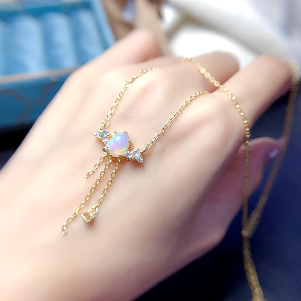 Natural Fire Opal Charm Necklace 5x7mm Sterling Silver Opal Necklace