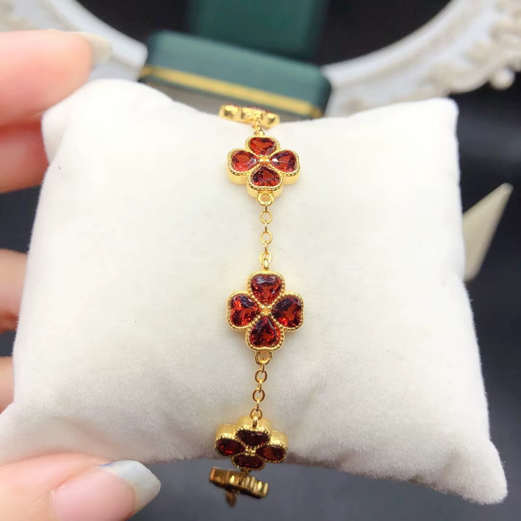 Red Garnet Clover Bracelet, Natural Garnet Gemstone Bracelet 4mm 925 Sterling